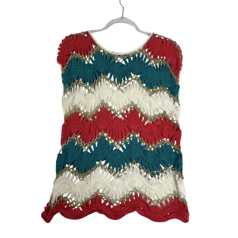 Blue Moon Womens M Multicolor Chevron Crochet Tank Top Open Knit Artsy Boho